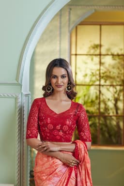 Coral Red Crystal Chiffon Silk Saree for Wedding Wear