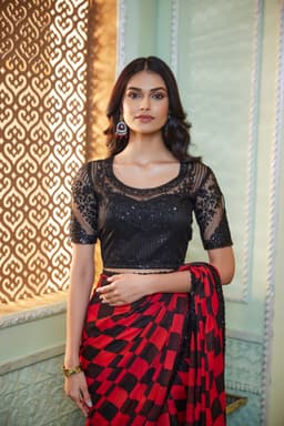 Red Black Pure Chiffon Checkered Saree for Party Wear