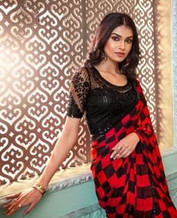 Red Black Pure Chiffon Checkered Saree for Party Wear