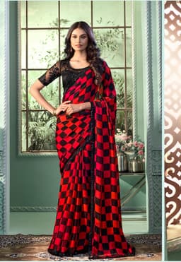 Red Black Pure Chiffon Checkered Saree for Party Wear