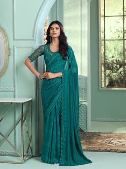 Teal Green Chiffon Saree for Wedding Wear