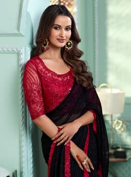 Black Red Chiffon Saree for Party & Cocktail Wear