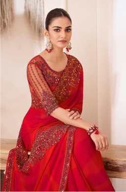 Red Shaded Silver Chiffon Saree for Wedding & Reception Wear