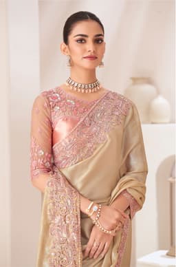 Satin Gold Chiffon Saree for Wedding Wear