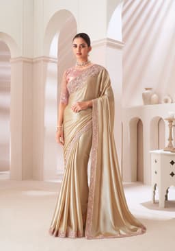 Satin Gold Chiffon Saree for Wedding Wear