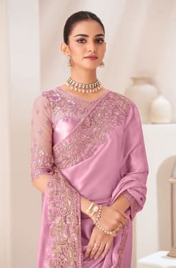 Pastel Pink Satin Chiffon Saree for Bridal Wear