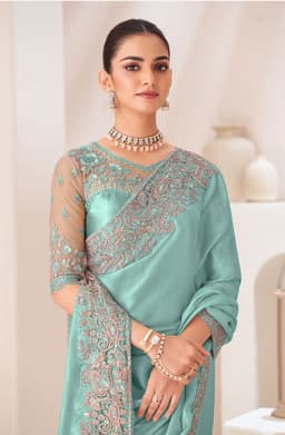 Aqua Satin Chiffon Saree for Wedding Wear