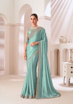 Aqua Satin Chiffon Saree for Wedding Wear