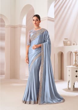 Powder Blue Satin Chiffon Saree for Party Wear
