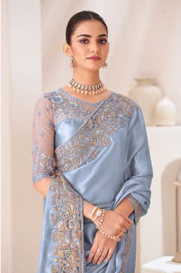 Powder Blue Satin Chiffon Saree for Party Wear