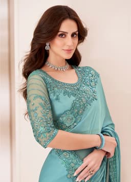 Majestic Sea Green Satin Georgette Reception & Engagement Saree