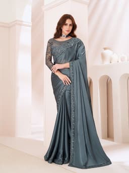 Majestic Steel Grey Satin Georgette Evening Reception Saree