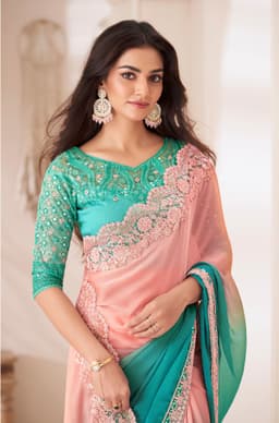 Pioneer Peach Teal Shaded Chiffon Engagement & Reception Saree