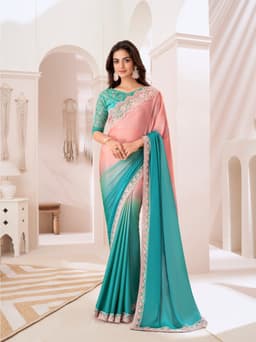 Pioneer Peach Teal Shaded Chiffon Engagement & Reception Saree