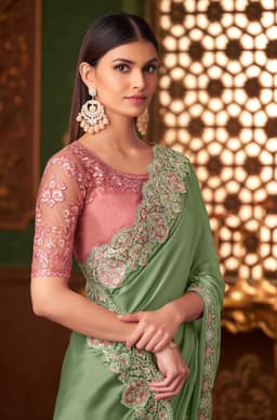 Sage Green Satin Feel Festive & Engagement Designer Saree