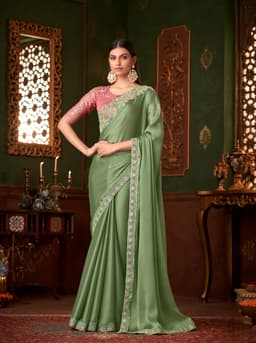 Sage Green Satin Feel Festive & Engagement Designer Saree