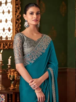 Teal Blue Silk Chiffon Cocktail & Reception Designer Saree