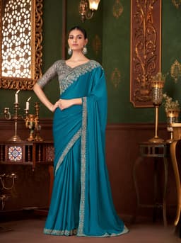 Teal Blue Silk Chiffon Cocktail & Reception Designer Saree