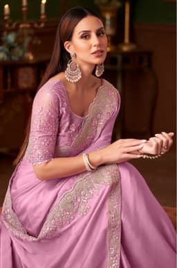 Lavender Pink Silk Chiffon Engagement & Reception Designer Saree