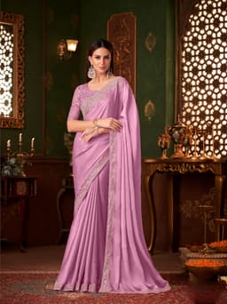 Lavender Pink Silk Chiffon Engagement & Reception Designer Saree