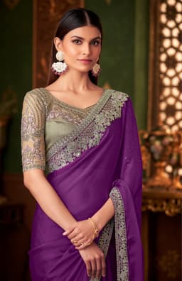 Fine Wine Silk Chiffon Wedding Reception & Sangeet Designer Saree