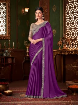 Fine Wine Silk Chiffon Wedding Reception & Sangeet Designer Saree