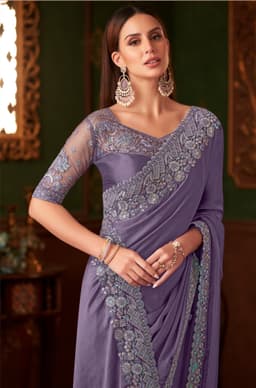 Smoky Lilac Silk Chiffon Reception & Engagement Designer Saree