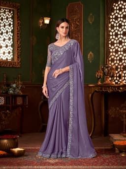 Smoky Lilac Silk Chiffon Reception & Engagement Designer Saree