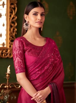 Cherry Red Shaded Satin Chiffon Wedding Reception Designer Saree