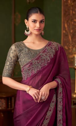 Rich Wine Silk Chiffon Saree | Wedding Evening Wear