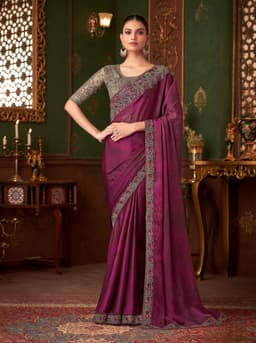 Rich Wine Silk Chiffon Saree | Wedding Evening Wear