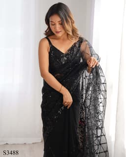 Black Sequin Net Saree | Cocktail Party Wear