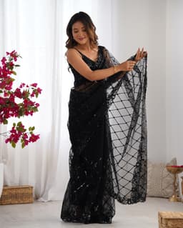 Black Sequin Net Saree | Cocktail Party Wear