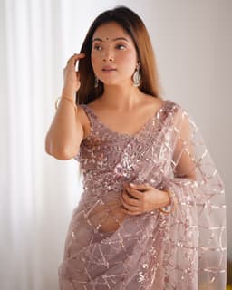 Nude Pink Designer Net Saree | Evening Party