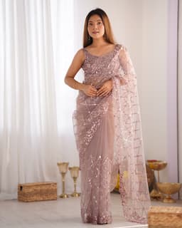 Nude Pink Designer Net Saree | Evening Party