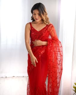 Scarlet Red Sequin Net Saree | Party Glam