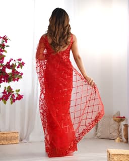 Scarlet Red Sequin Net Saree | Party Glam