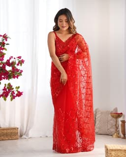 Scarlet Red Sequin Net Saree | Party Glam