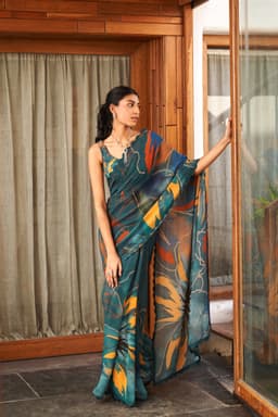 Teal Designer Printed Saree | Modern Party Wear