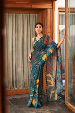 Teal Designer Printed Saree | Modern Party Wear
