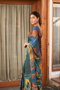 Teal Designer Printed Saree | Modern Party Wear