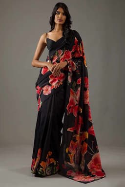 Black Designer Floral Printed Saree