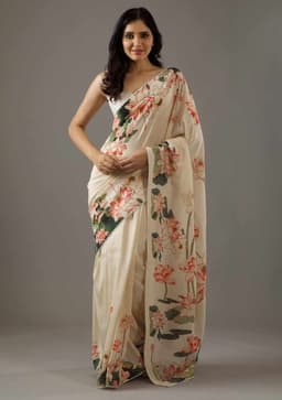 Cream Designer Floral Printed Saree