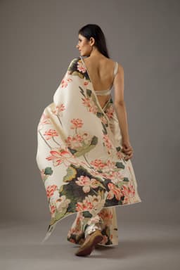 Cream Designer Floral Printed Saree