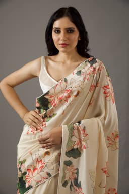 Cream Designer Floral Printed Saree