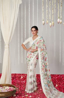 Ivory Botanical Print Designer Saree