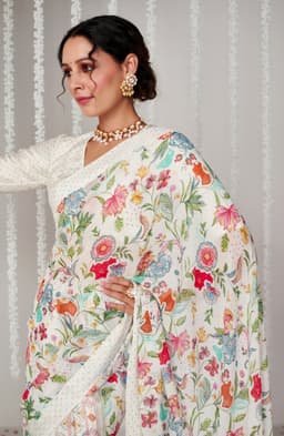 Ivory Botanical Print Designer Saree