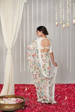 Ivory Botanical Print Designer Saree