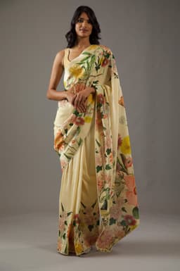 Pastel Yellow Floral Designer Saree