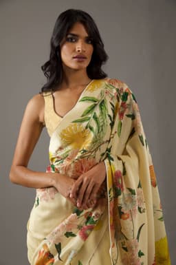 Pastel Yellow Floral Designer Saree